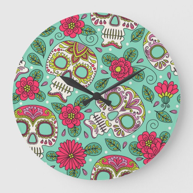 Reloj Redondo Grande Calavera y flores mexicanas, sin costura. (Anverso)