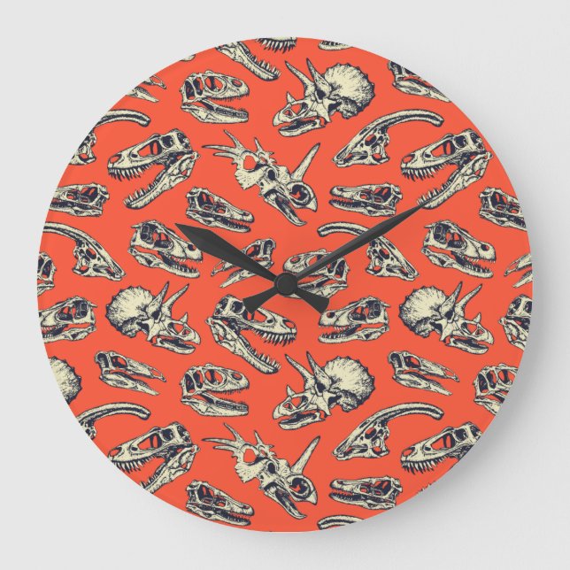 Reloj Redondo Grande Calaveras de dinosaurios de naranja y marina (Anverso)