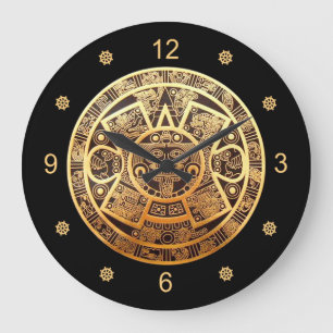 Reloj Redondo Grande Calendario Aztec Sun ~ Oro y Negro ~