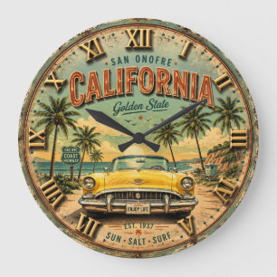Reloj Redondo Grande California Golden State Beach Cruiser Vintage Car