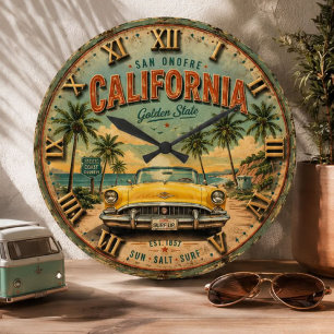 Reloj Redondo Grande California Golden State Beach Cruiser Vintage Car