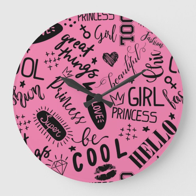 Reloj Redondo Grande Caligrafía de chicas: Patrón de moda sin foco (Anverso)