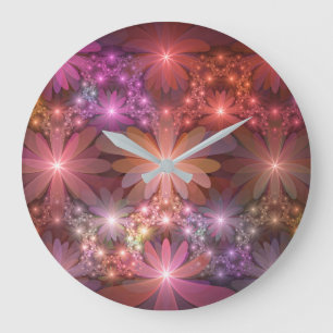 Reloj Redondo Grande Cama De Flores Colorido Brillante Arte Fractal Abs