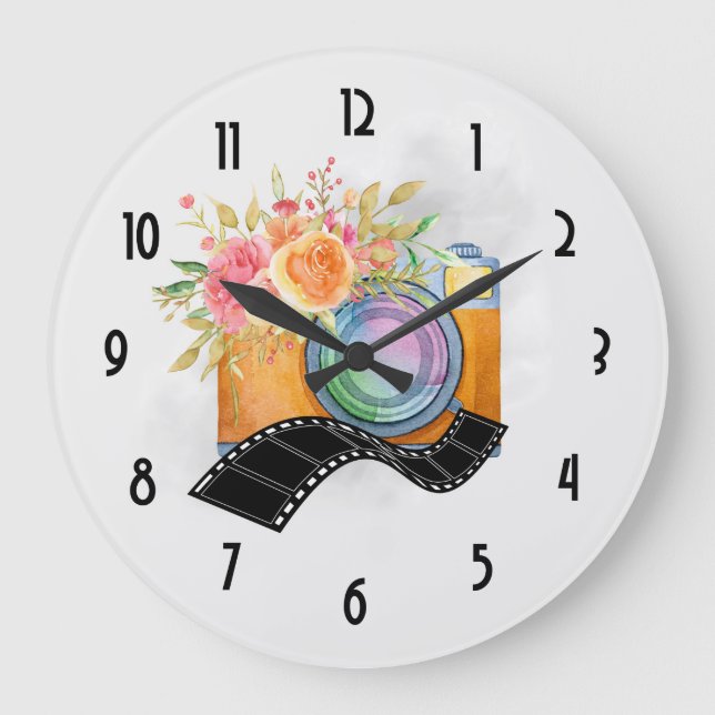 Reloj Redondo Grande Cámara Boho Naranja y acuarela de flores (Anverso)