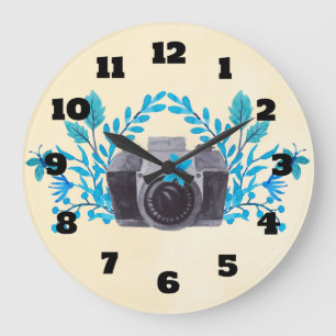 Reloj Redondo Grande Cámara Con Hojas Azules De Azure Y Mariposas