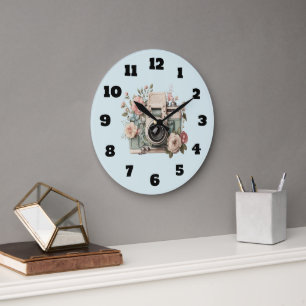 Reloj Redondo Grande Cámara con imagen retro pastel de flores