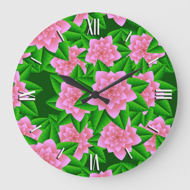 Reloj Redondo Grande Camelias rosas de hielo y hojas verdes (Anverso)
