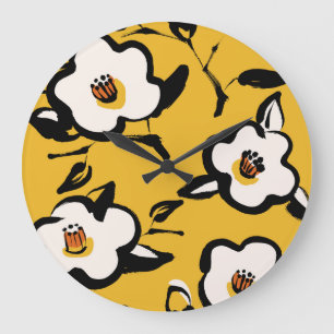 Reloj Redondo Grande Camellia amarilla, cosmética floral de cosmética.