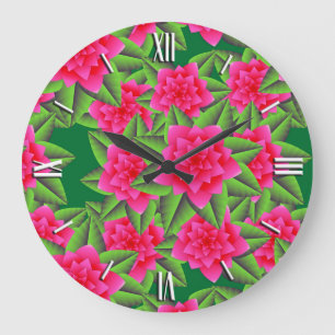 Reloj Redondo Grande Camellias rosas Fuschia y hojas verdes