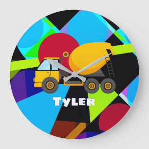 Reloj Redondo Grande Camión amarillo, formas geométricas nombre del niñ