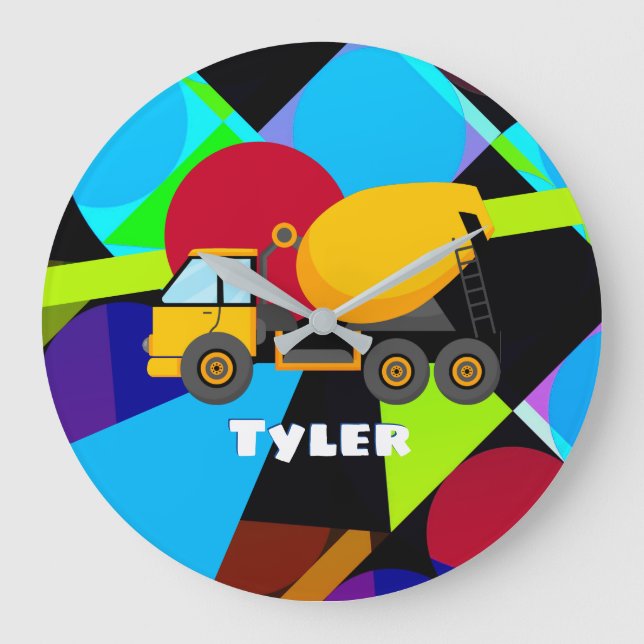 Reloj Redondo Grande Camión amarillo, formas geométricas nombre del niñ (Anverso)