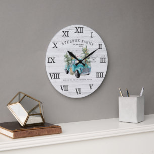 Reloj Redondo Grande Camión Azul Rústico de Granja Navideña Nombre de F