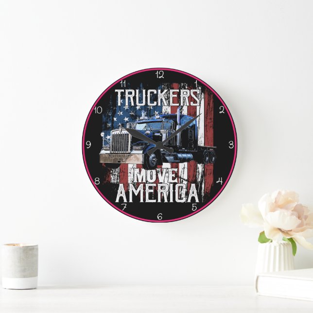 Reloj Redondo Grande Camioneros mueven a Estados Unidos Patriótico (Hogar)