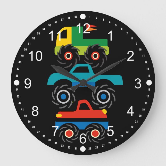 Reloj Redondo Grande Camiones Monster Guay Regalos verdes rojos azules  (Anverso)