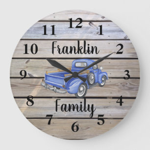 Reloj Redondo Grande Camioneta Azul Vintage Rústica Nombre de Familia d