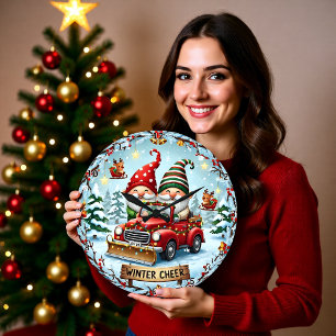Reloj Redondo Grande Camioneta Roja de Gnomos Invierno