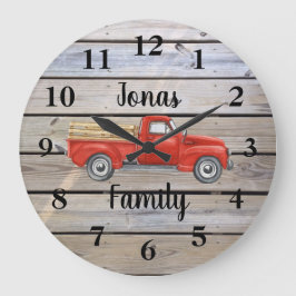 Reloj Redondo Grande Camioneta Roja Rústica Madera Nombre de Familia