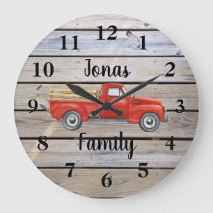 Reloj Redondo Grande Camioneta Roja Rústica Madera Nombre de Familia