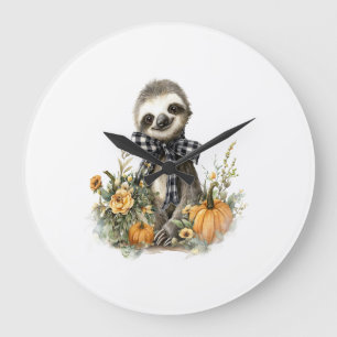 Reloj Redondo Grande Camisa de Perezoso Animales Otoño Calabaza