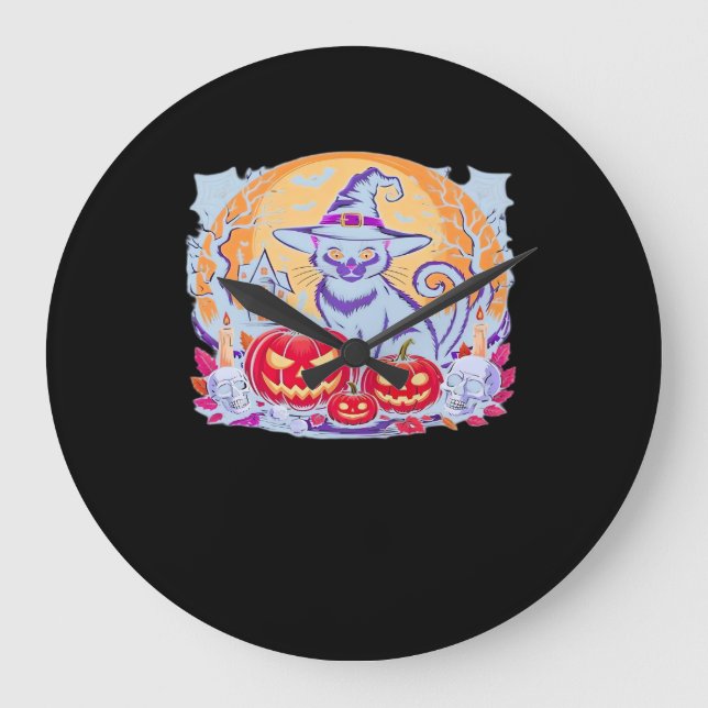 Reloj Redondo Grande Camiseta Clásica de Halloween Ghost Pumpkin Cat (Anverso)