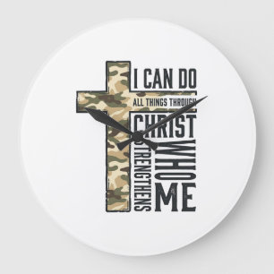 Reloj Redondo Grande Camiseta Cristiana Cruz de Fe Puedo Hacer Todas la