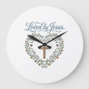 Reloj Redondo Grande Camiseta cristiana de cruz floral amada por Jesús