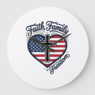 Reloj Redondo Grande Camiseta Cruz Patriótica Libertad Familia Fe Coraz
