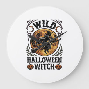 Reloj Redondo Grande Camiseta de Bruja de Halloween Escoba Vintage Gráf