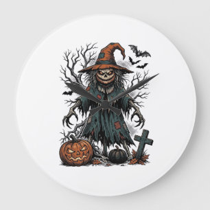 Reloj Redondo Grande Camiseta de calabaza de Halloween de espantapájaro