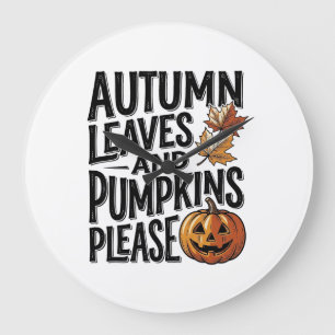 Reloj Redondo Grande Camiseta de calabaza de otoño con hojas y ambiente