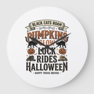 Reloj Redondo Grande Camiseta de camionero de Halloween con gatos negro