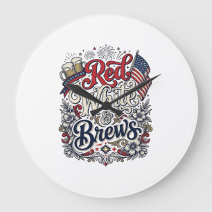 Reloj Redondo Grande Camiseta de cerveza patriótica Red White & Brews D
