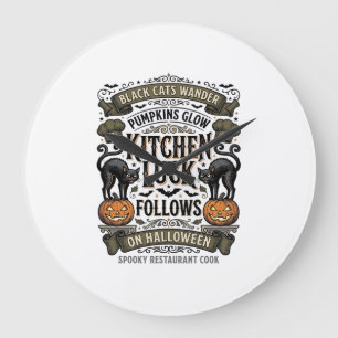 Reloj Redondo Grande Camiseta de cocinero de Halloween Gato negro vinta