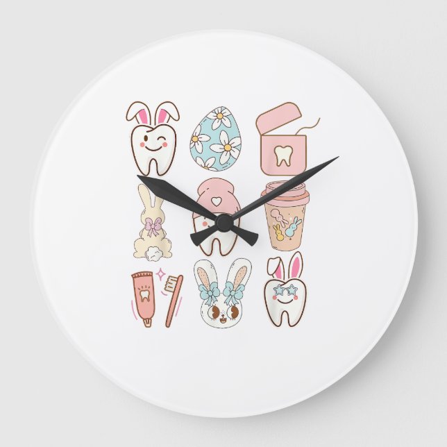 Reloj Redondo Grande Camiseta de conejito de dientes de asistente denta (Anverso)