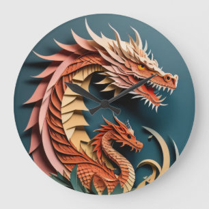 Reloj Redondo Grande Camiseta de diseño de arte en papel 3D de dragón