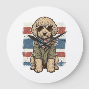Reloj Redondo Grande Camiseta de diseño de perro garabato patriótico vi