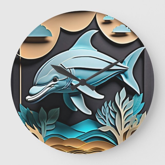 Reloj Redondo Grande Camiseta de diseño delfines de papel 3D (Anverso)