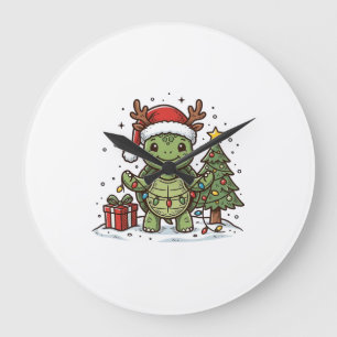 Reloj Redondo Grande Camiseta de diseño vintage de tortuga de Navidad l