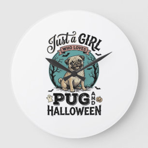 Reloj Redondo Grande Camiseta de diseño vintage pug Halloween chica ama