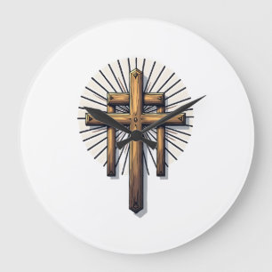 Reloj Redondo Grande Camiseta de fe con grabado vintage de tres cruces