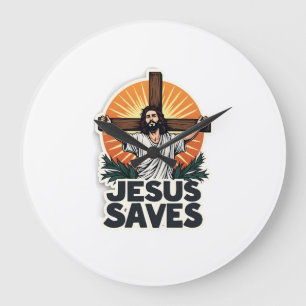 Reloj Redondo Grande Camiseta de fe con grabado vintage Jesús salva (1)