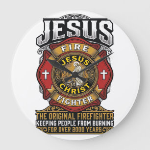 Reloj Redondo Grande Camiseta de fe cristiana vintage bombero Jesús