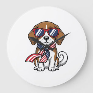 Reloj Redondo Grande Camiseta de gafas de sol de perro Beagle patriótic
