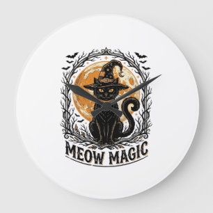 Reloj Redondo Grande Camiseta de Gata Bruja Diseño de Luna de Halloween