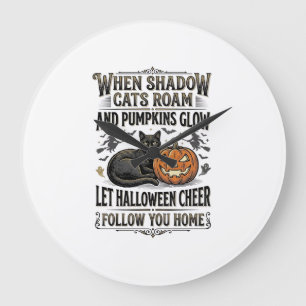 Reloj Redondo Grande Camiseta de gato negro de Halloween con grabado de