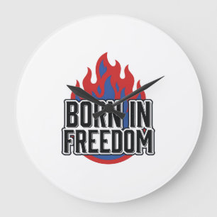 Reloj Redondo Grande Camiseta de grabado vintage Born In Freedom Flame 