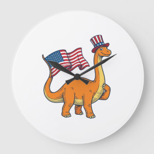Reloj Redondo Grande Camiseta de grabado vintage de bandera de dinosaur