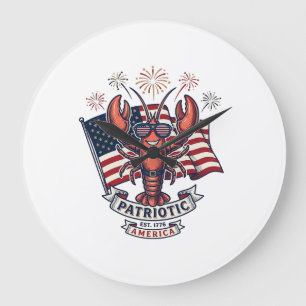 Reloj Redondo Grande Camiseta de grabado vintage de bandera de langosta