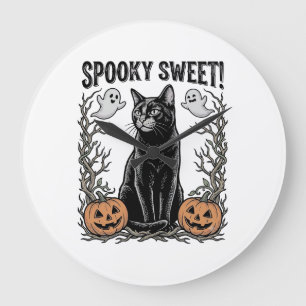 Reloj Redondo Grande Camiseta de grabado vintage de Halloween de gato n