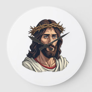 Reloj Redondo Grande Camiseta de grabado vintage de Jesús con corona de
